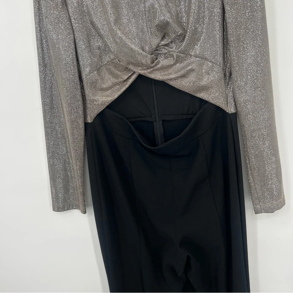 Black Halo Angie Flared Leg Jumpsuit Cutout Metallic Silver Bodice Romper 12 - Picture 9 of 17